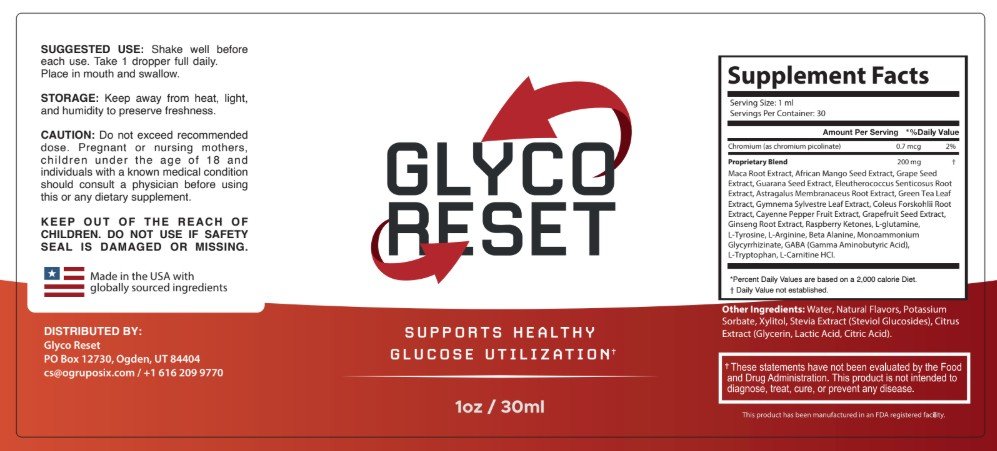 The full printed Glyco Reset label showing the Supplement Facts panel with 0.7 mcg chromium, a 200 mg proprietary blend, 30 servings per container and the Ogden, Utah distributor block