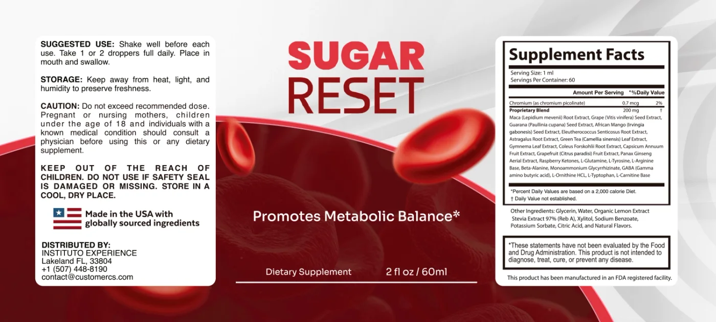 The full printed Sugar Reset label, showing the Supplement Facts panel, suggested use and distributor details